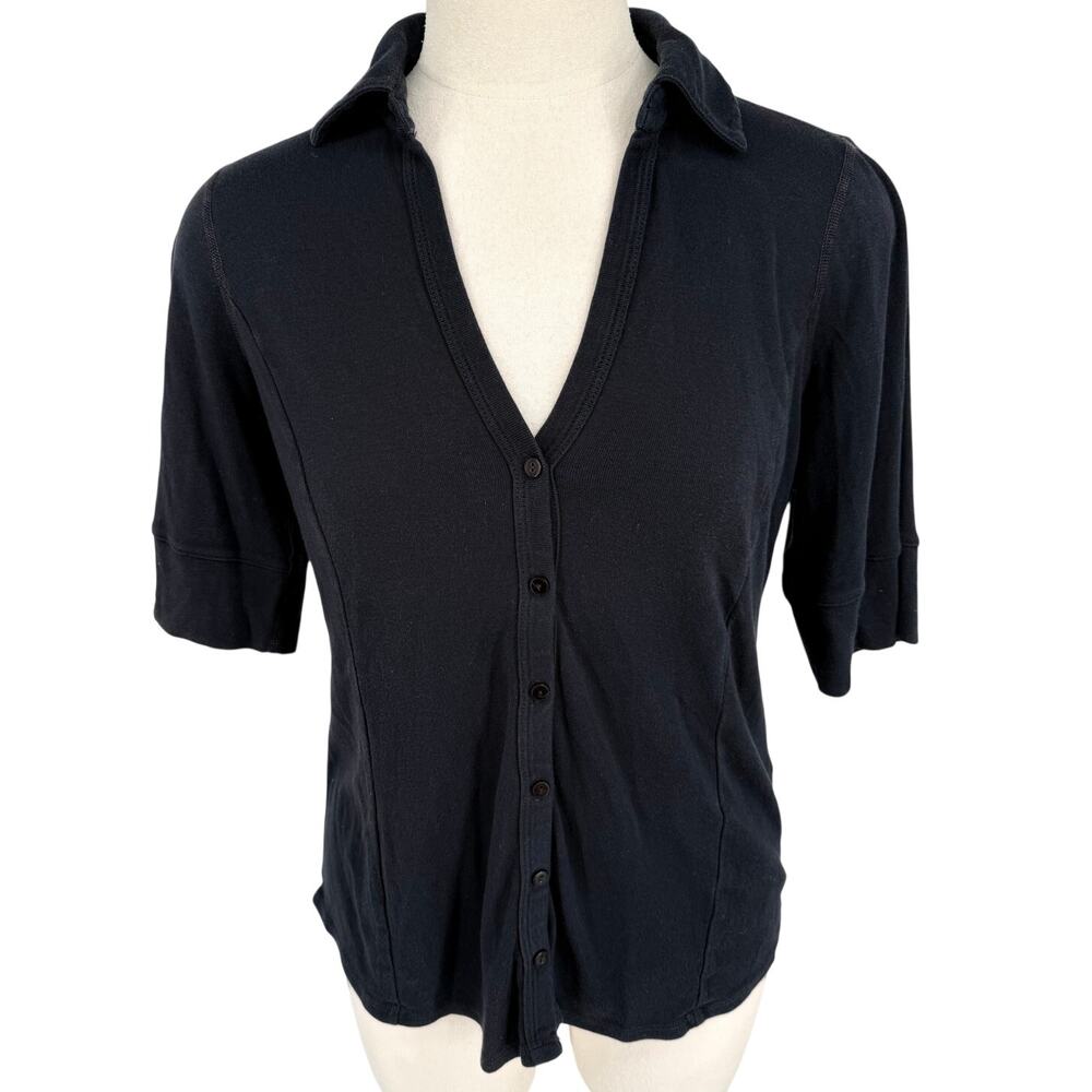 Three Dots Collared Jersey Button Short Sleeve Shirt Black Large Minimalist USA